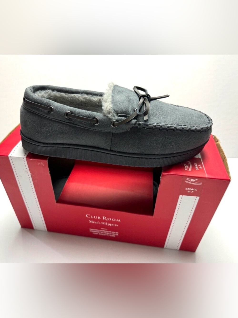 Club Room Men's Faux-Suede Moccasin Slippers with Faux-Fur Lining Gray Small 6-7